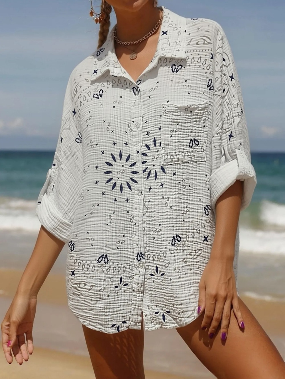 MADE IN ITALY BOHO 100% cotton Gauze Button-Up Shirt with Navy Bandana Print